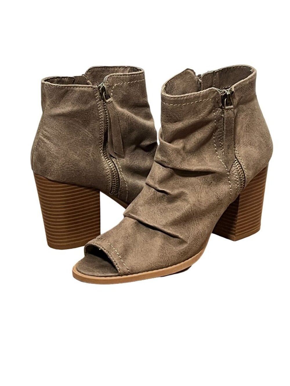 Rampage Women's Taupe Faux Suede Peep Toe Ankle Booties Stacked Heel 7.5